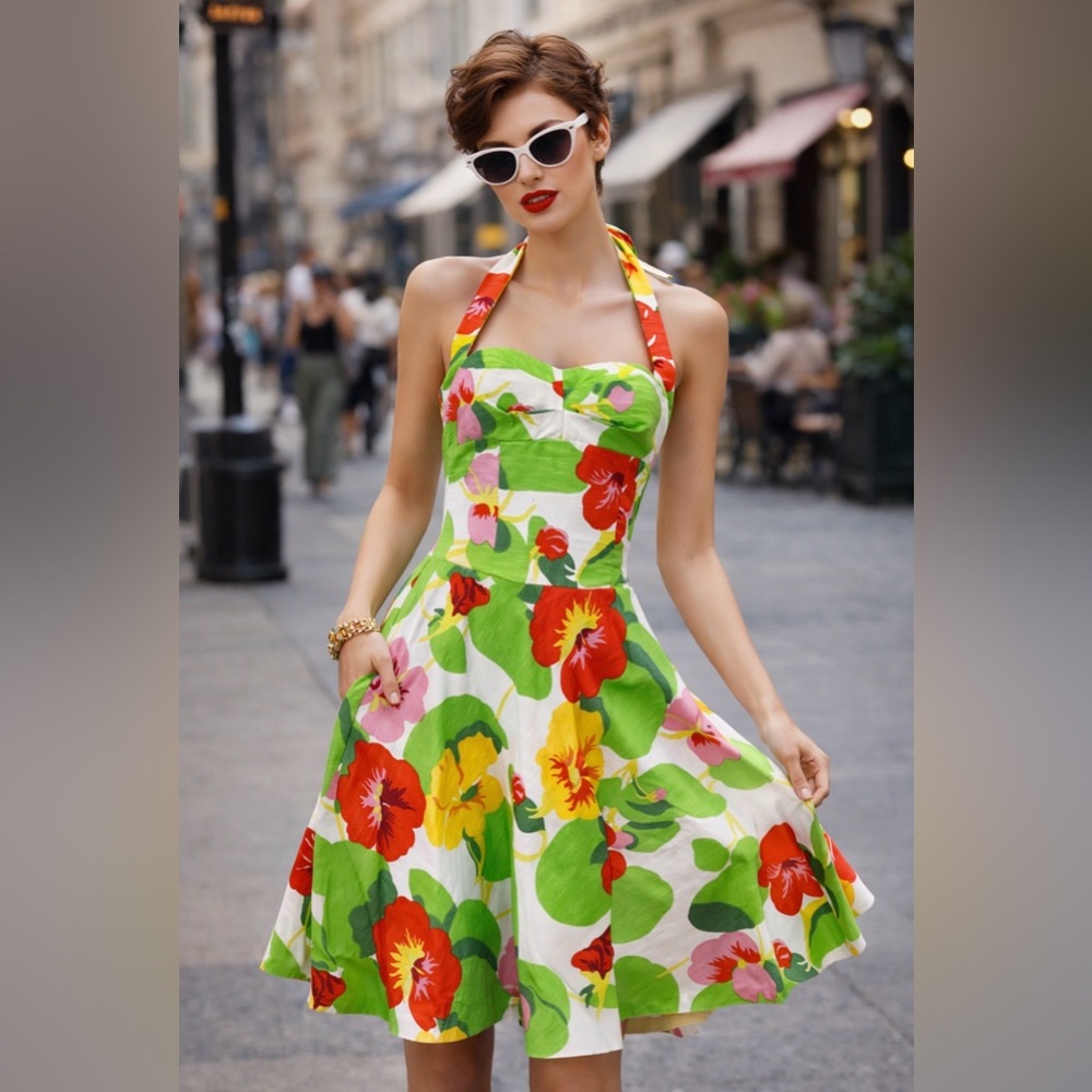 NWT Miss Sixty Funky Floral Halter Dress – 1960s Inspired